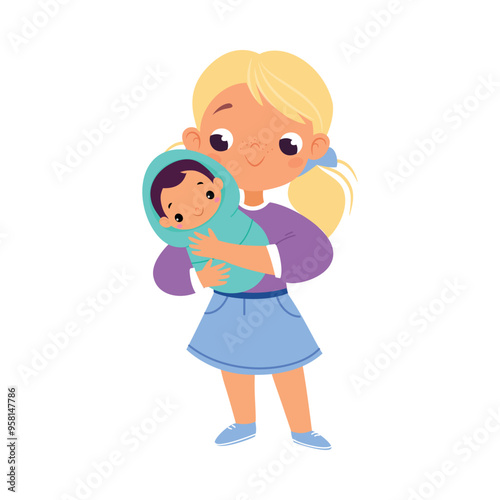Girl Character Play Toy Doll Hold with Arms Vector Illustration