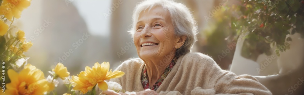 Happy Elderly Woman Relaxing in Garden with Walker Surrounded by