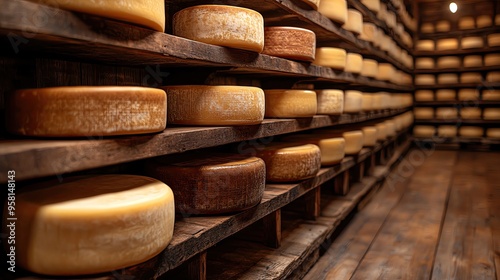 A collection of aged cheese wheels stored on wooden shelves, showcasing a variety of textures and colors in a rustic environment.