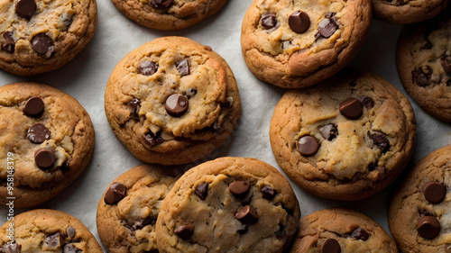 Chocolate chip cookies close up detail, perfect for bakery menus, food blogs, dessert recipes, and social media posts. Delicious treats!