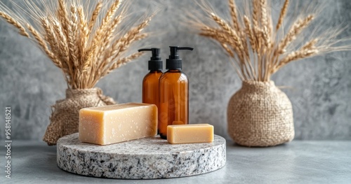 Natural skincare products displayed with wheat stalks in minimalist setting