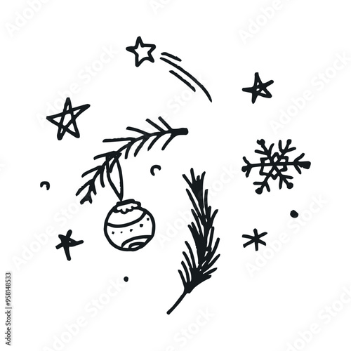 Doodled Christmas element on a transparent background - Christmas decorations and branches. Hand drawn vector art style clip art. Naive childish art illustration