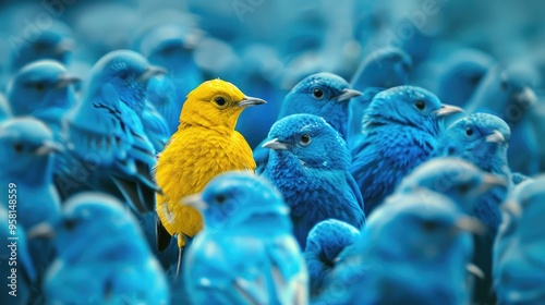 a yellow bird standing out in the middle of blue birds, crowd of many blue birds, all looking at him, detailed photo, high resolution photography,