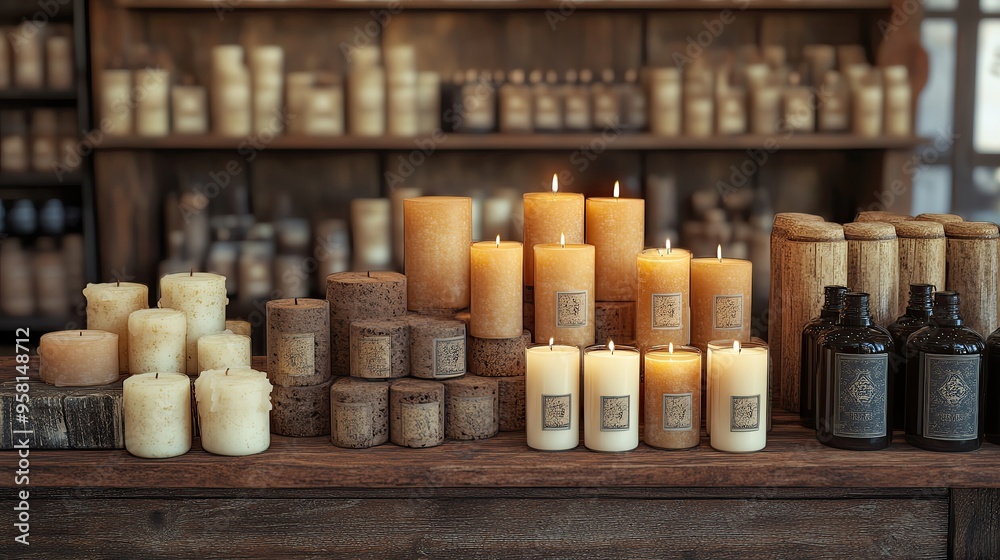 A collection of various candles displayed on a rustic wooden shelf, showcasing softness and warm ambiance. A collection of various candles displayed on a rustic wooden shelf, showcasing softness and warm ambiance.