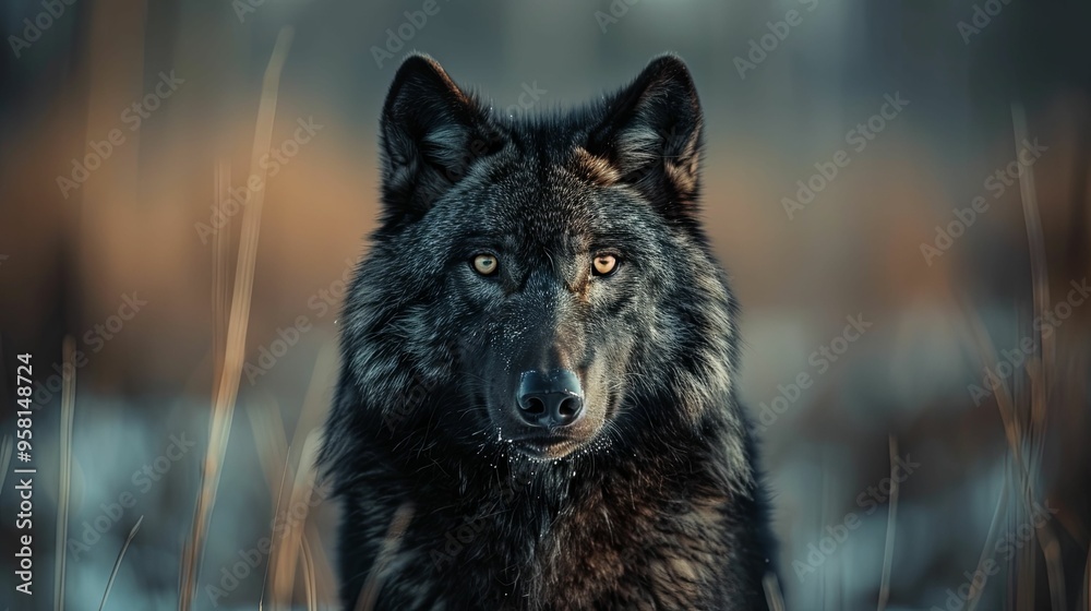 A Black Wolf's Intense Gaze in a Natural Setting A Black Wolf's Intense Gaze in a Natural Setting