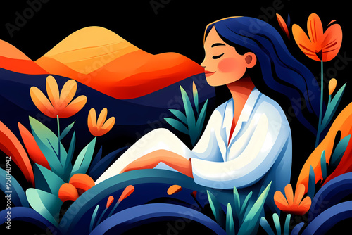 mental relaxing, meditation, woman in a field with flowers