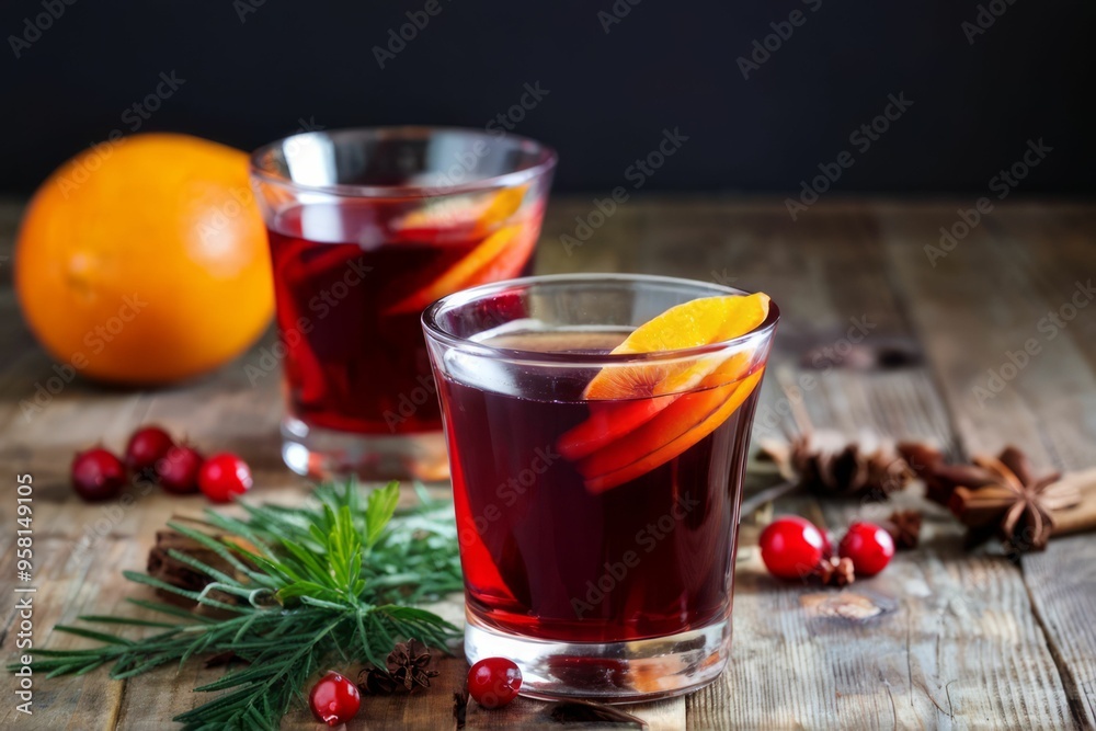 Two Glasses of Mulled Wine with Orange Slices and Cranberries on a Wooden Table Two Glasses of Mulled Wine with Orange Slices and Cranberries on a Wooden Table