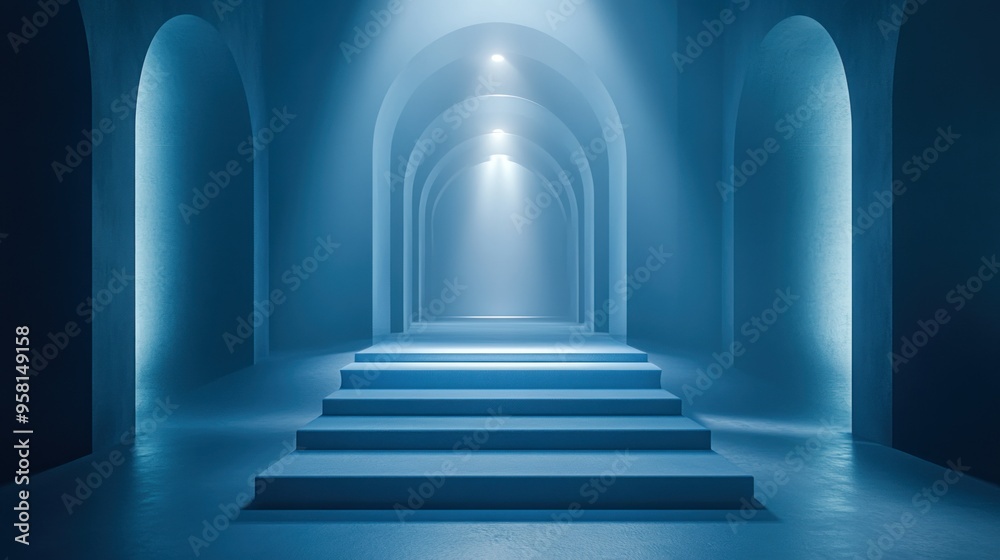 Blue Hallway with Arched Doorways and a Staircase Blue Hallway with Arched Doorways and a Staircase