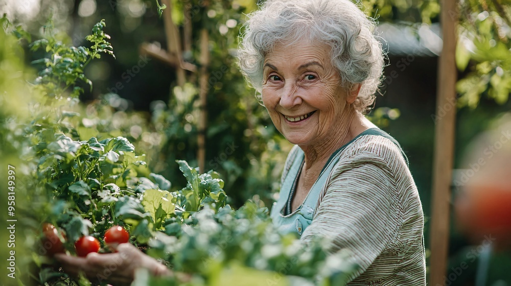 Cheerful elderly woman tending her vibrant garden in a sunny backyard promoting healthy ag Cheerful elderly woman tending her vibrant garden in a sunny backyard promoting healthy ag