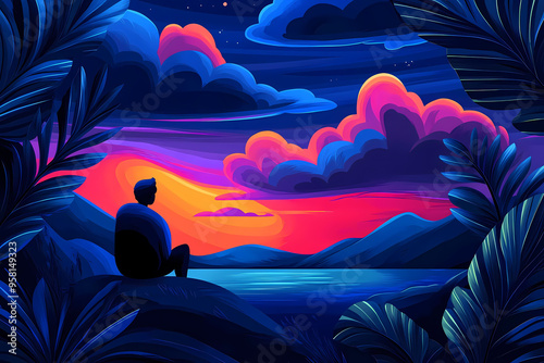 person on the beach at sunset, mental relaxing, colorful illustration