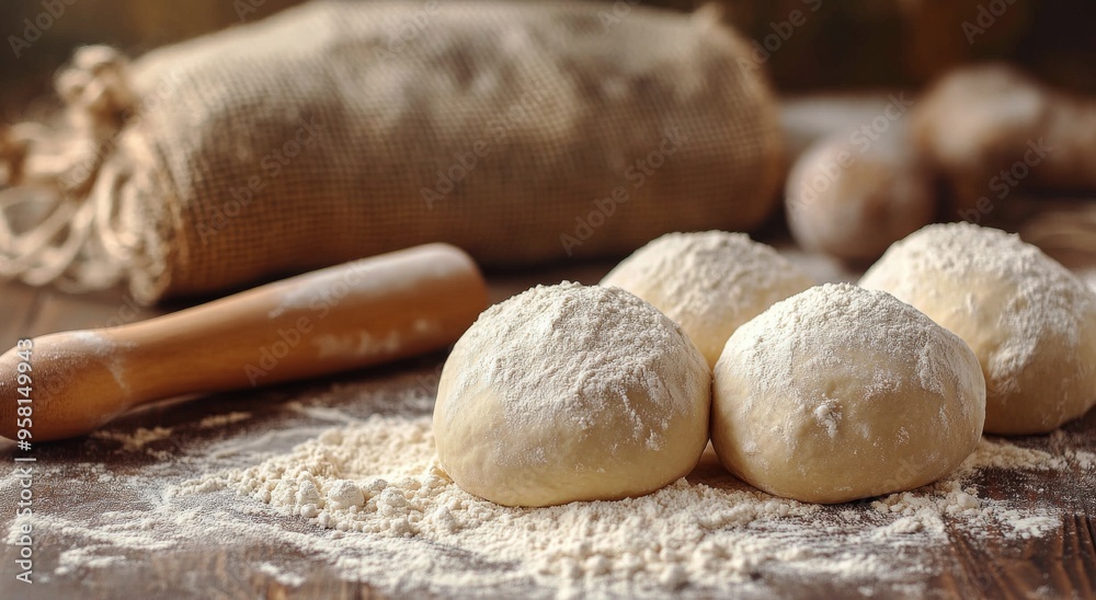 Preparation of dough balls on a wooden countertop with a rolling pin and burlap sack nearby Preparation of dough balls on a wooden countertop with a rolling pin and burlap sack nearby