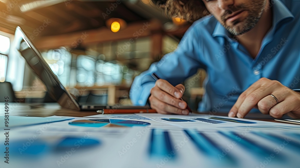 Man Analyzing Business Graphs with a Pen in a Cafe Man Analyzing Business Graphs with a Pen in a Cafe