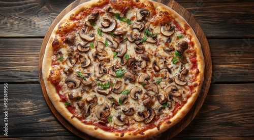 Delicious mushroom pizza on a wooden board ready to be served for dinner