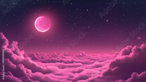 Super full pink moon with pink cloud sky in midnight,starry night,magic dream,Fantasy sky,romantic,strawberry moon,happy valentines day love concept,3d illustration. photo