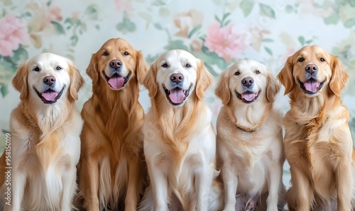 A Group of Cheerful Golden Retrievers Posing Together Against a Soft Pastel Floral Backdrop