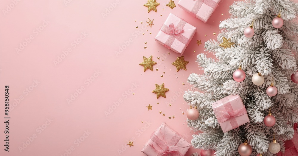 Decorative pink Christmas setup featuring a small tree and presents on a festive background Decorative pink Christmas setup featuring a small tree and presents on a festive background