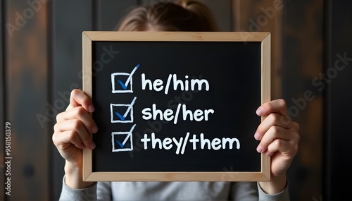 person with a black board showing selection for gender identity pronouns, male, female and non-binary options.