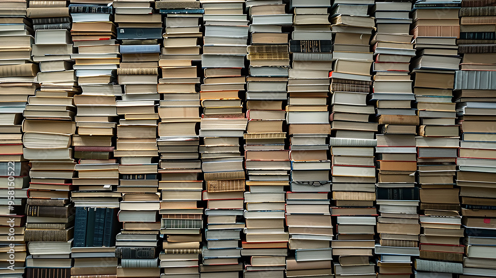 A lot of books in piles, the concept of knowledge, education, literature A lot of books in piles, the concept of knowledge, education, literature