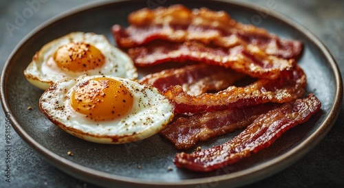 Delicious breakfast plate featuring crispy bacon and perfectly cooked sunny-side-up eggs