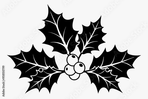 Holly berry icon silhouette vector illustration, Christmas berry leaves art on white background