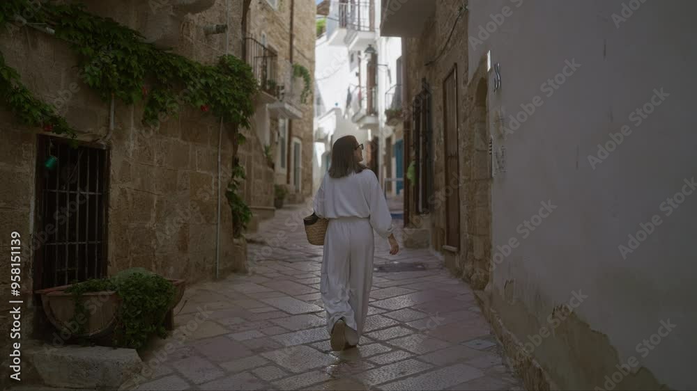 Young woman walks through the charming streets of polignano a mare, puglia, italy, capturing the essence of european alleys with historic stone walls and vibrant greenery. Young woman walks through the charming streets of polignano a mare, puglia, italy, capturing the essence of european alleys with historic stone walls and vibrant greenery.