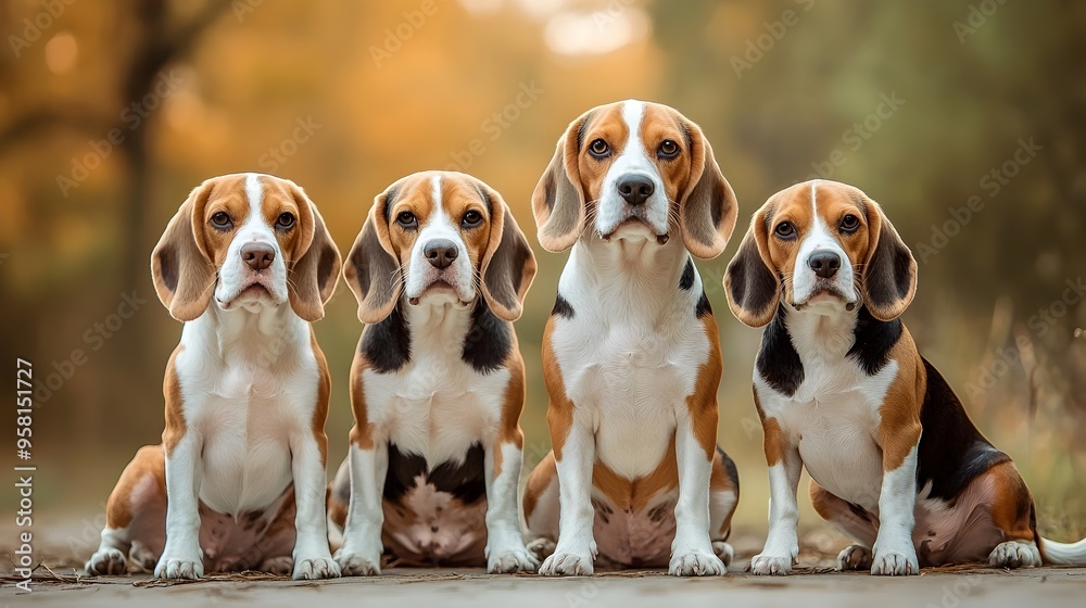 Pack of Adorable Beagle Dogs Posing Together in Autumn Nature Setting Pack of Adorable Beagle Dogs Posing Together in Autumn Nature Setting