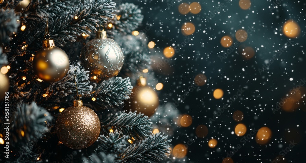 Sparkling Christmas tree adorned with gold ornaments and falling snowflakes during winter Sparkling Christmas tree adorned with gold ornaments and falling snowflakes during winter