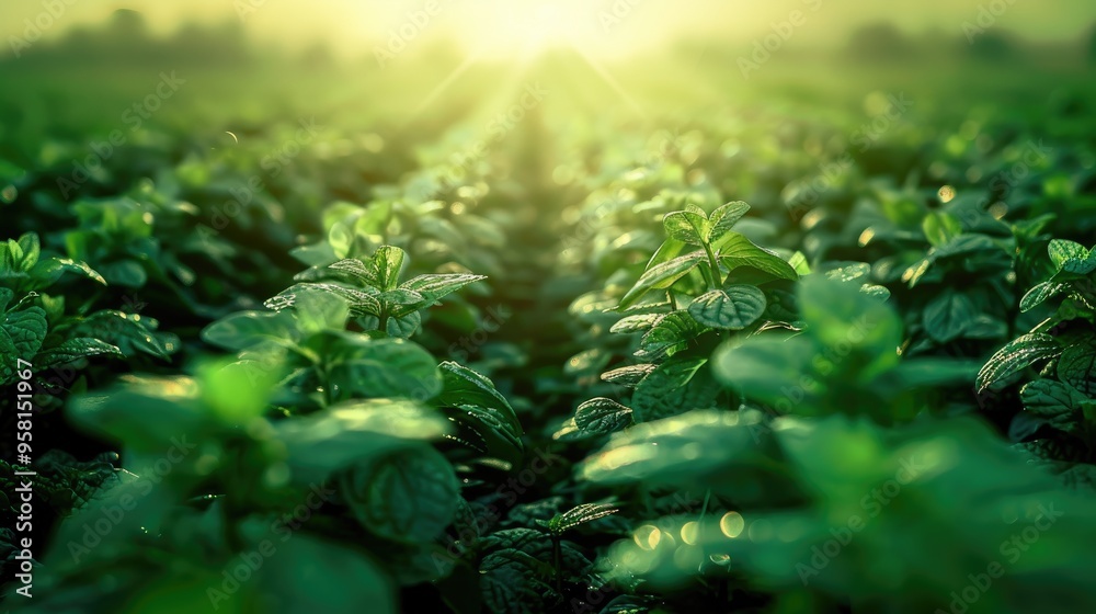 A realistic photo depicting an arrow pointing forward in the center, surrounded by tea plantations with rows of neatly cut grassy green leaves in the morning light. A realistic photo depicting an arrow pointing forward in the center, surrounded by tea plantations with rows of neatly cut grassy green leaves in the morning light.