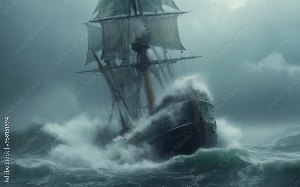 Obraz premium Dramatic Scene: Ship Sailing in Stormy Sea with Billowing Sails,