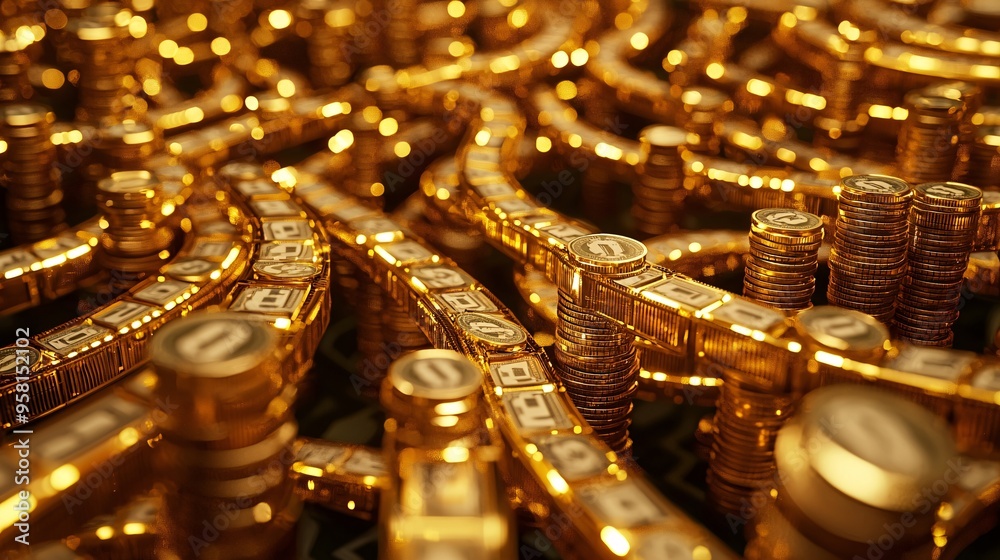 Intricate 3D Rendering of a Golden Pipeline Network Distributing Cash Bundles and Coins Intricate 3D Rendering of a Golden Pipeline Network Distributing Cash Bundles and Coins