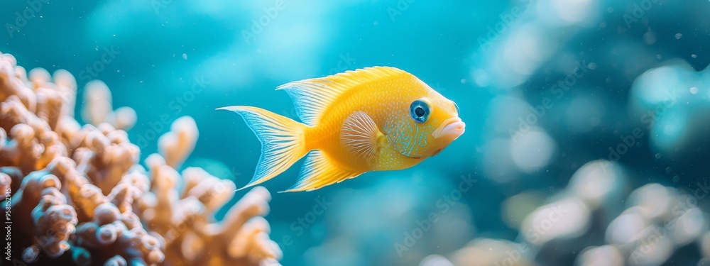 A tight shot of a fish over coral against a backdrop of azure sky, with a sea anemone in the foreground A tight shot of a fish over coral against a backdrop of azure sky, with a sea anemone in the foreground