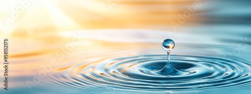  A tight shot of a water droplet on a body of water's surface, sun casting background radiance