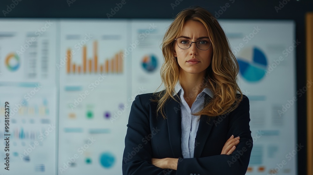 A businesswoman standing confidently in front of a large presentation board with charts and graphs. A businesswoman standing confidently in front of a large presentation board with charts and graphs.