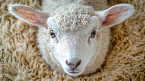 A delightful lamb with wide eyes and a playful expression looks directly at the viewer, surrounded by a warm, fluffy backdrop photo