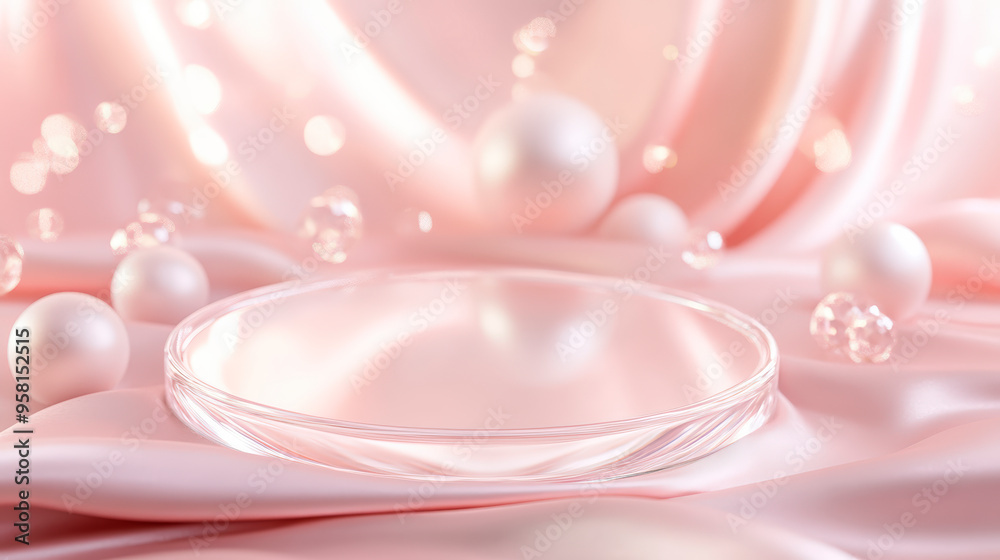 Crystal Platform On Silk Surface With Softly Glowing Orbs In Pink And Cream, Ideal For Bridal And Luxury Product Displays . Generative ai Crystal Platform On Silk Surface With Softly Glowing Orbs In Pink And Cream, Ideal For Bridal And Luxury Product Displays . Generative ai