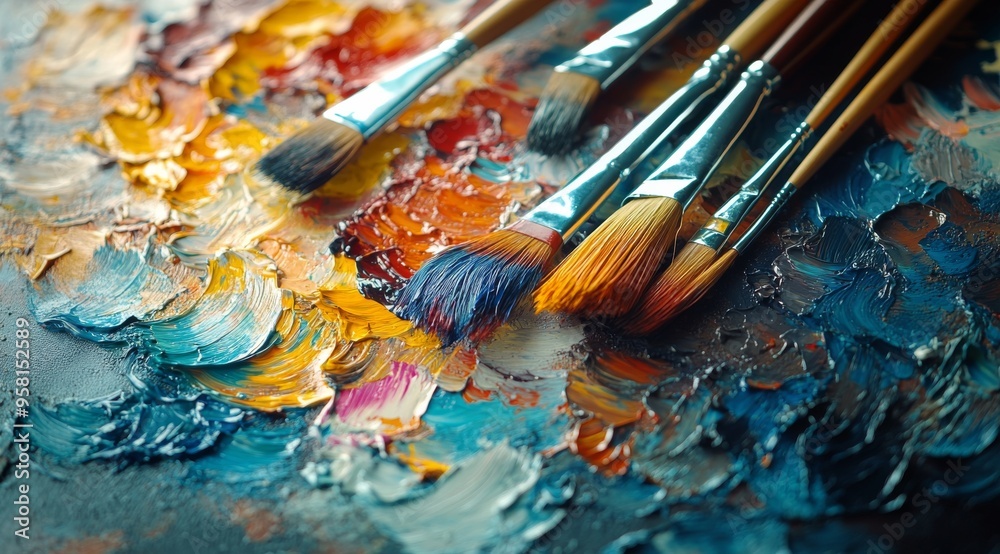 Fototapeta premium Artistic tools and vibrant colors displayed on a palette with brushes ready for painting