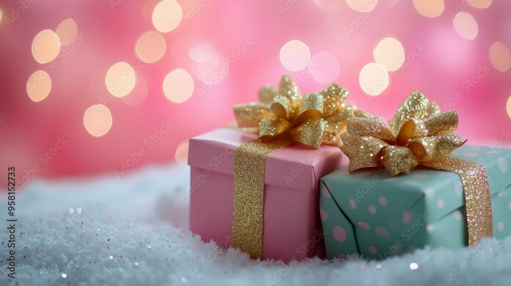 Colorful wrapped gifts sit on soft snow with a festive bokeh background during the holiday season