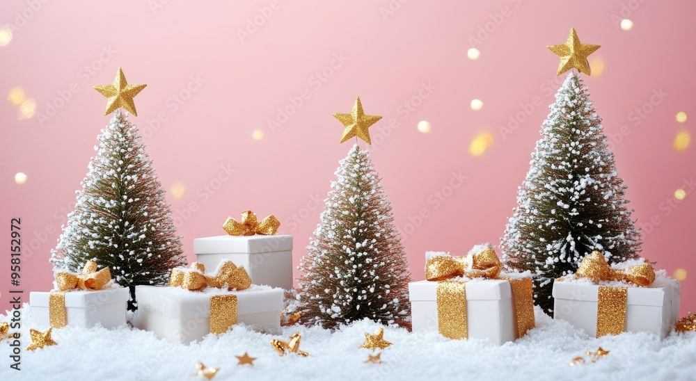 Obraz premium Festively decorated Christmas trees and gifts on a soft snowy background during the holiday season