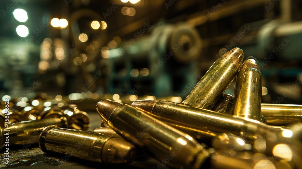 Naklejka premium B culo shells on the table in military factory background, close-up of golden bullets, blurred background with dark warehouse and machines, large depth of field, real photo taken by Canon dslr camera