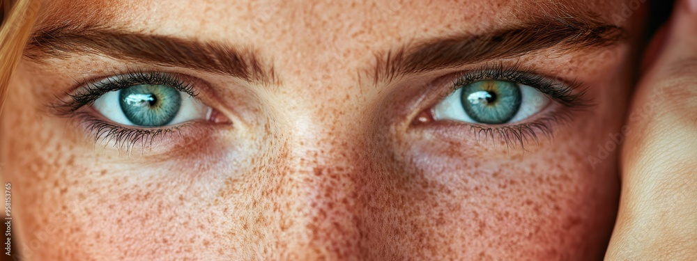 Naklejka premium A tight shot of a woman's freckled face, featuring freckles around her eyes