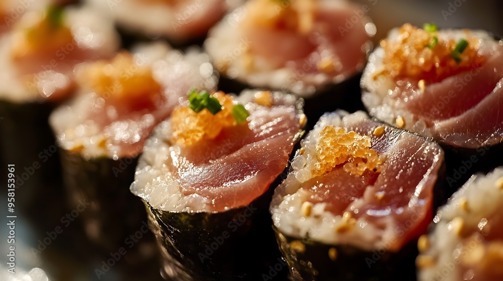 Close-up View of Freshly Prepared Tuna Sushi Rolls with Sliced Tuna Topping Close-up View of Freshly Prepared Tuna Sushi Rolls with Sliced Tuna Topping