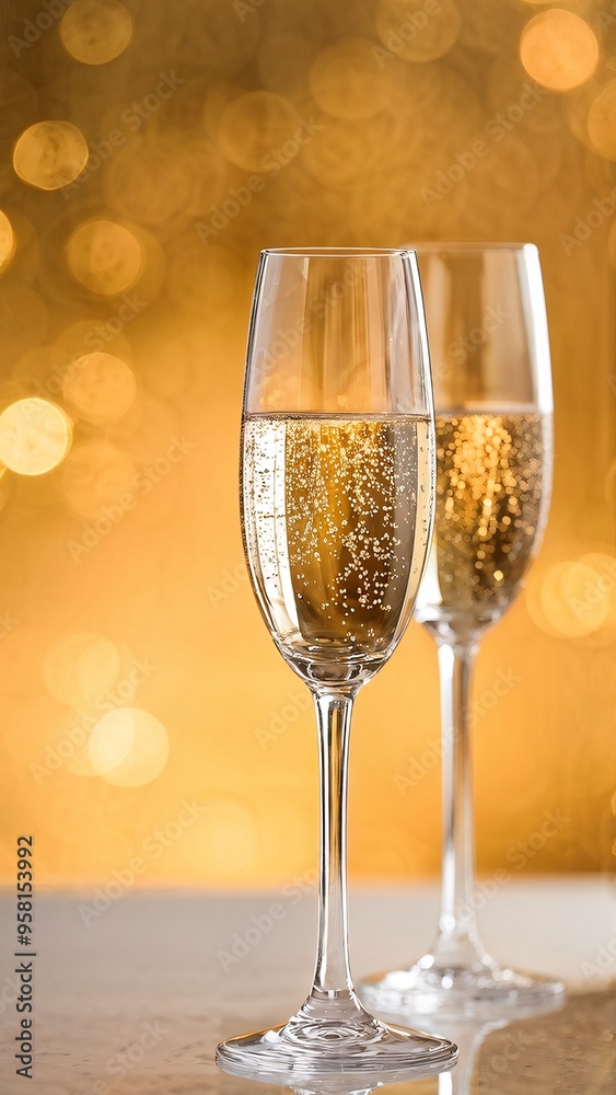 Two champagne glasses on a golden blurred background Two champagne glasses on a golden blurred background