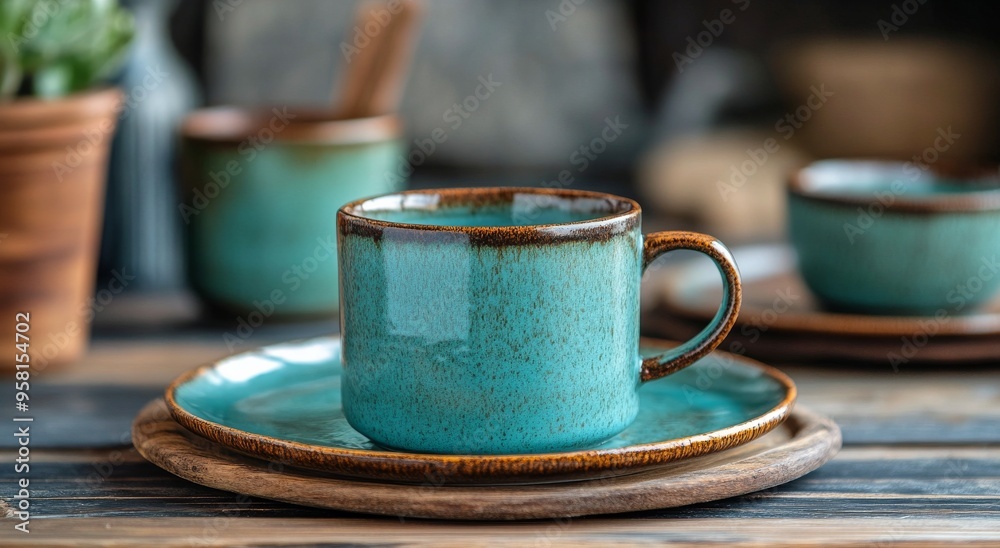 Beautifully crafted teal ceramic cup and plates arranged artistically for a dining display Beautifully crafted teal ceramic cup and plates arranged artistically for a dining display