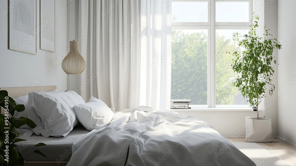 Calm Bedroom with Natural Light: Tranquil bedroom featuring a comfortable bed with natural light streaming through the window, creating a peaceful atmosphere. Calm Bedroom with Natural Light: Tranquil bedroom featuring a comfortable bed with natural light streaming through the window, creating a peaceful atmosphere.