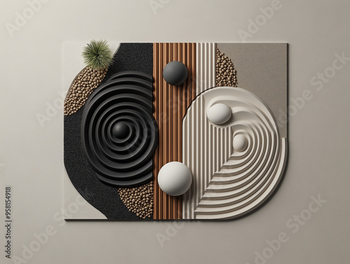 Zen Design Harmony: Minimalist Japanese rock garden with sand ripples, spheres, and wood accents, embodying balance and tranquility in a top-down view. 