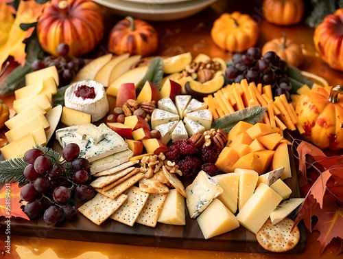 A beautifully arranged Thanksgiving cheese board with a variety of cheeses fruits nuts and crackers set on a wooden table with autumn-themed decorations photo