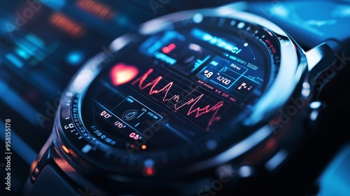 A close-up of a cutting-edge smartwatch displaying various health metrics and notifications.