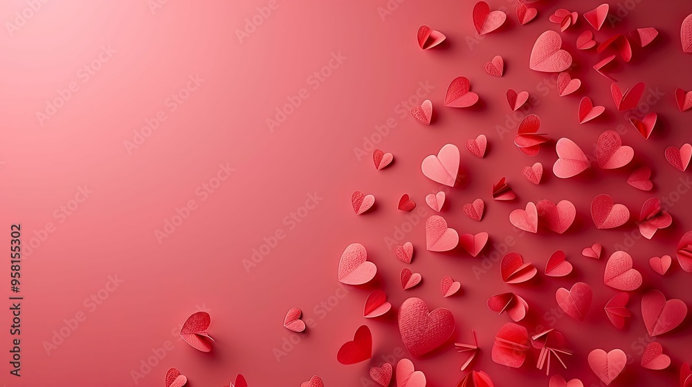 Red Paper Hearts Scattered on a Pink Background Red Paper Hearts Scattered on a Pink Background