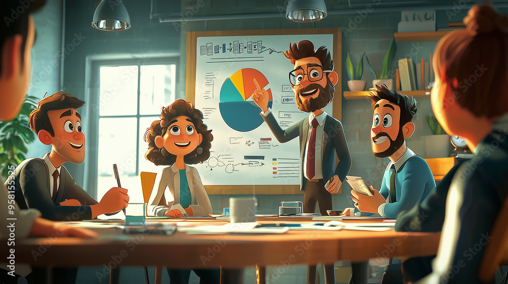 Cartoon style meeting with a group of animated characters around a conference table, one character pointing at a pie chart on the wall Cartoon style meeting with a group of animated characters around a conference table, one character pointing at a pie chart on the wall