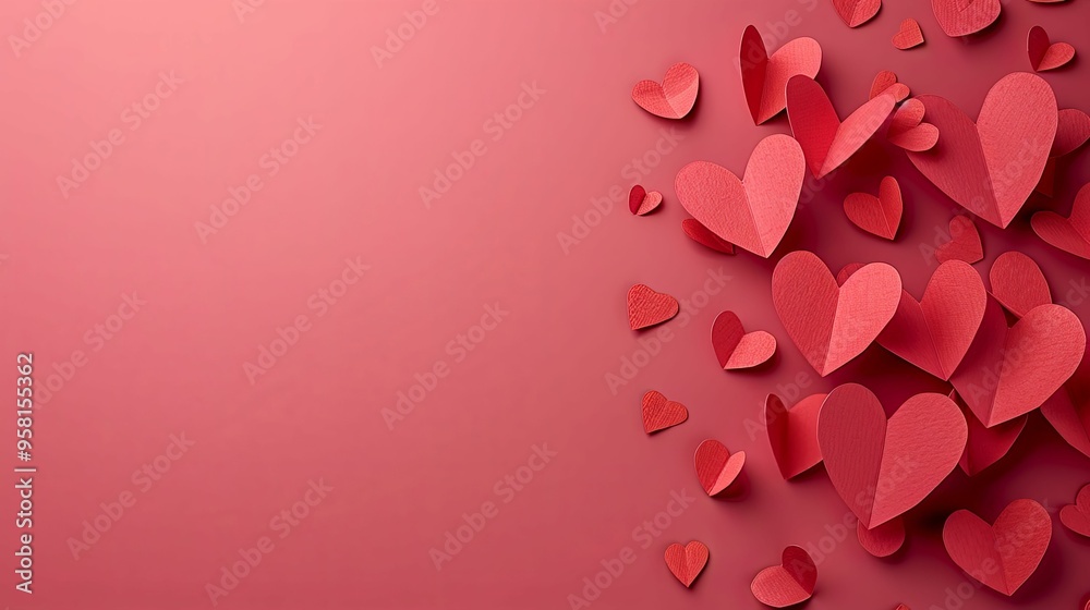 Red Paper Hearts Scattered on a Pink Background Red Paper Hearts Scattered on a Pink Background